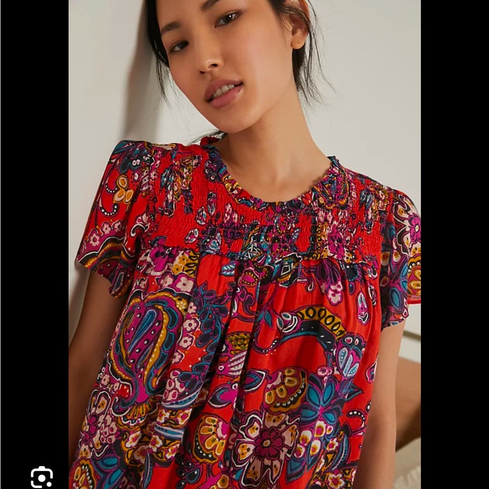 Anthropologie Top Flowy Poet Small Boho Orange Paisley Smocked Short Flutter